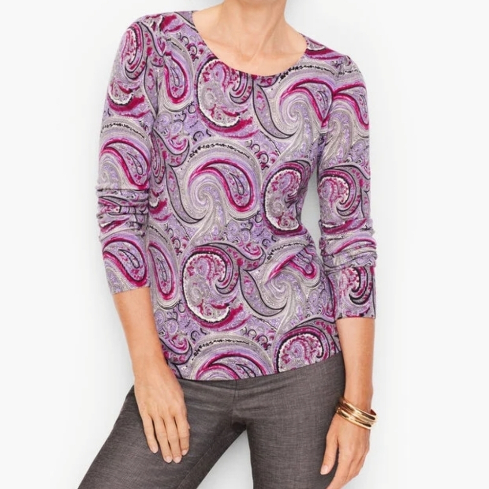 Talbots Pure Merino Wool Paisley Print Crew Neck Sweater sz P SP Black Purple Gr